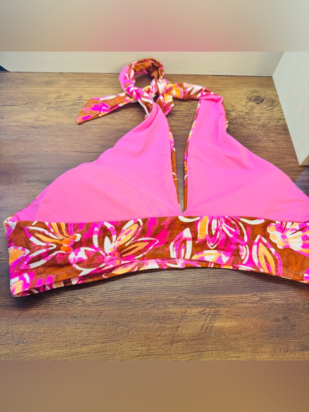 NWOT Aerie Crossover Halter Bikini Top Orange Pink Tropical Floral Print NWOT XL - Picture 5 of 5